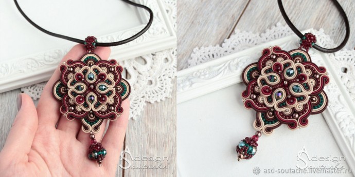 Кулон в технике сутажной вышивки