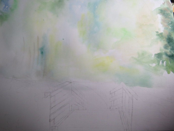 Рисуем пейзаж с деревянным мостиком