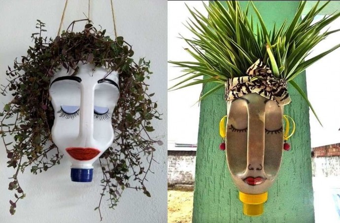 Кашпо в виде голов из пластиковых канистр: смешные идеи