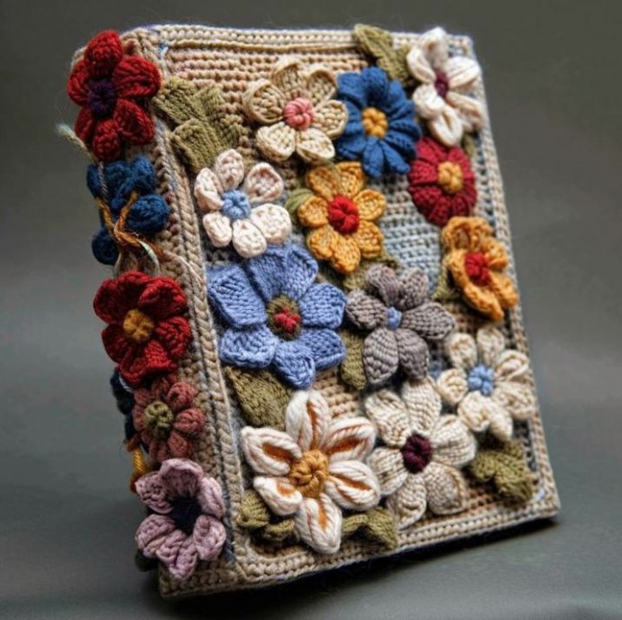 Обложка ежедневника с вязаными цветами