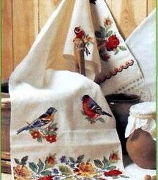 Узор с розами и птичками для дорожки, скатерти, салфетки или полотенца
