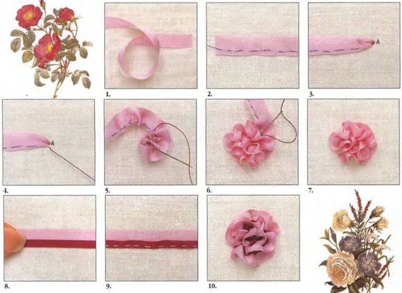 Вышивка изумительно красивых цветочков лентами