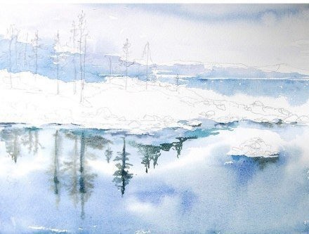 Урок рисования акварелью "Зимний пейзаж"