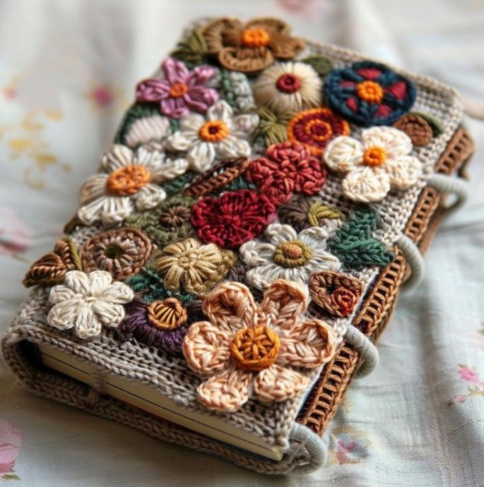 Обложка ежедневника с вязаными цветами