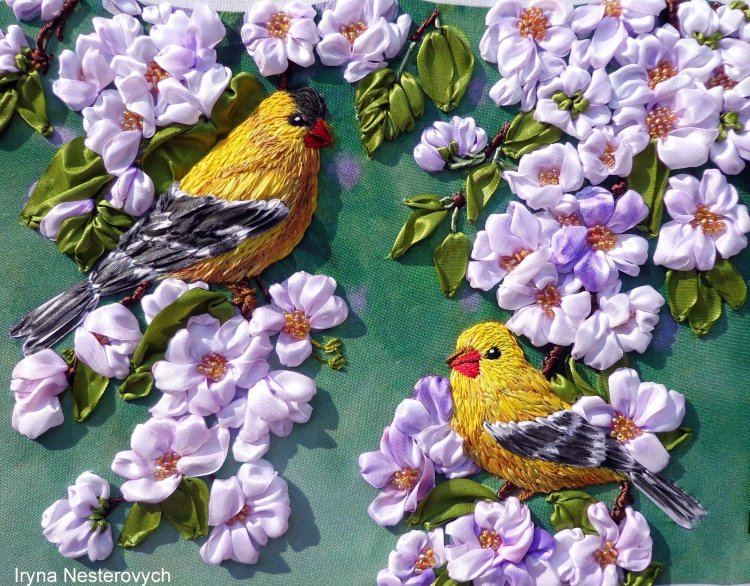 Вышивка лентами: чудесные идеи с птичками