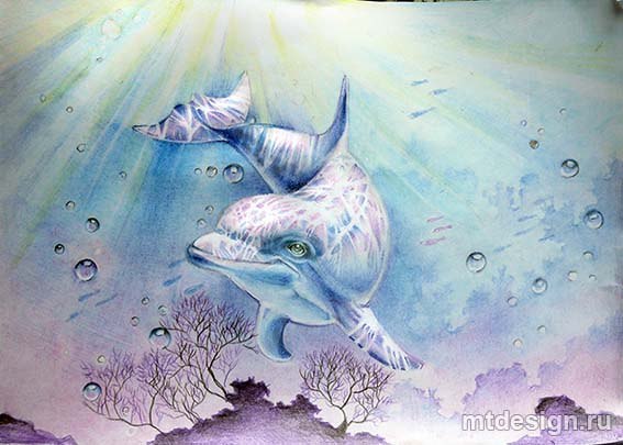 Дельфин под водой: рисуем акварелью