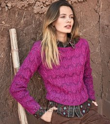 ​Короткий ажурный пуловер цвета цикламена