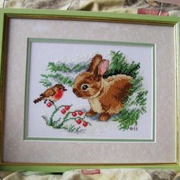 ​Вышивка "Зайчонок в снегу перед птичкой"