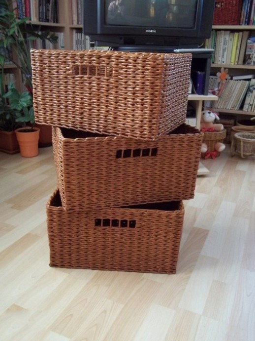 ​Плетение прямоугольной корзины из газетных трубочек