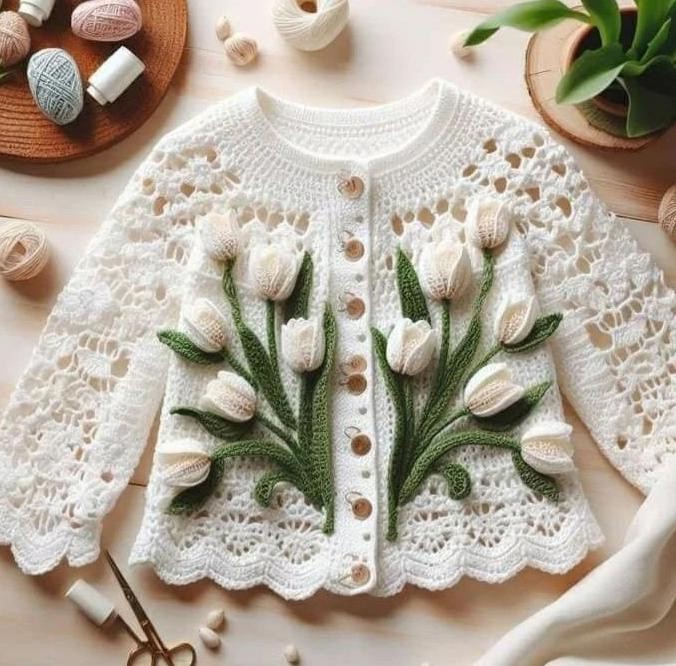 Вязаные цветы на пуловерах