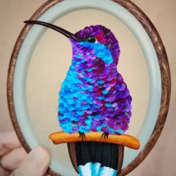 Объемная вышивка колибри градиентными пайетками