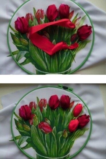 Букет тюльпанов, вышитый атласными лентами