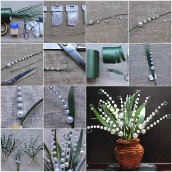 Простые эффектные ландыши из ленты и бусин