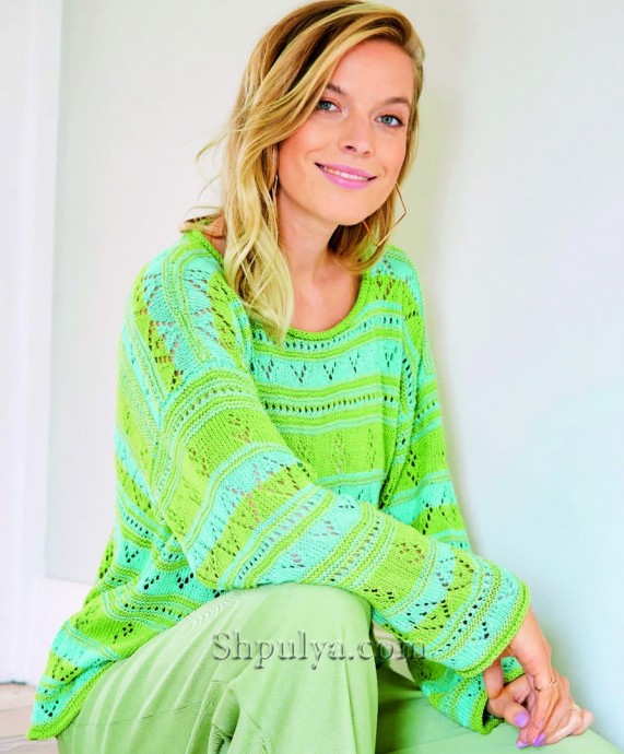 Двухцветный ажурный пуловер из вискозы и льна