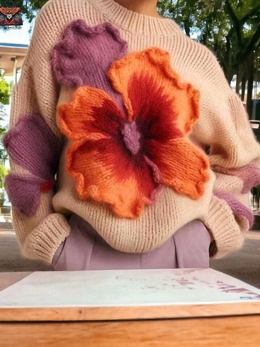 Невероятные идеи для вязания свитеров с объемными цветами
