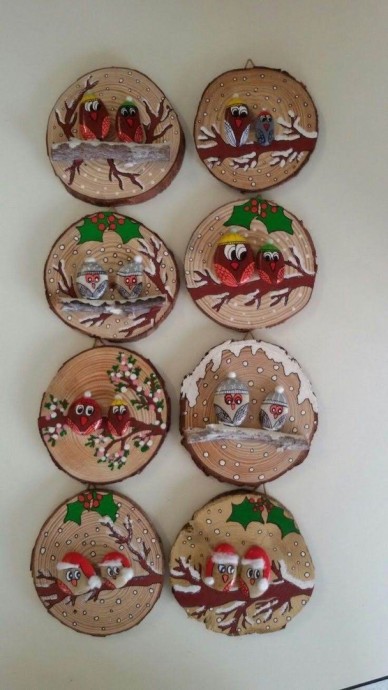 Соединение камушков со спилом дерева