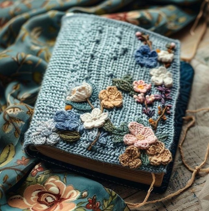 Обложка ежедневника с вязаными цветами