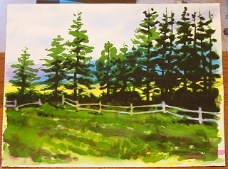 Акварельный пейзаж "Придорожные ели"