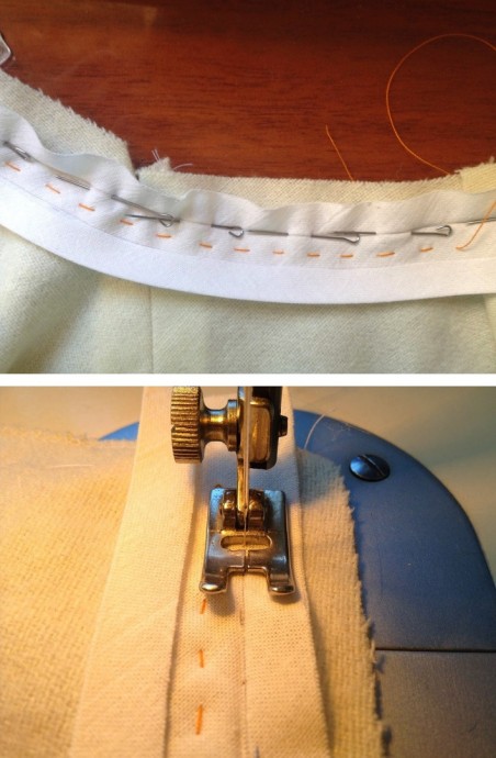 ​Обработка горловины и пройм косой бейкой (обтачный шов), без отделочной строчки