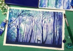 Чарующий пейзаж акварелью в синих тонах