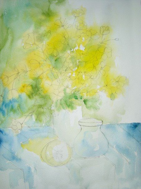 Цветы и лимоны акварелью