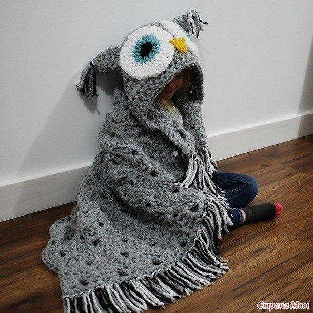 Плед с капюшоном-совушкой крючком из толстой пряжи
