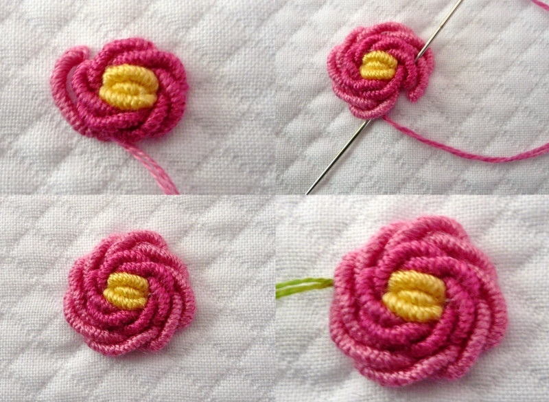 Вышивка розочек спиральным швом