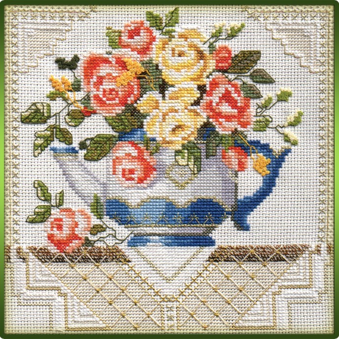 ​Розы в чашках и чайниках: вышивка крестом