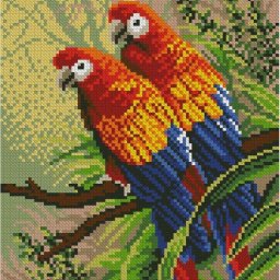 Яркие попугаи-неразлучники, вышитые крестиком