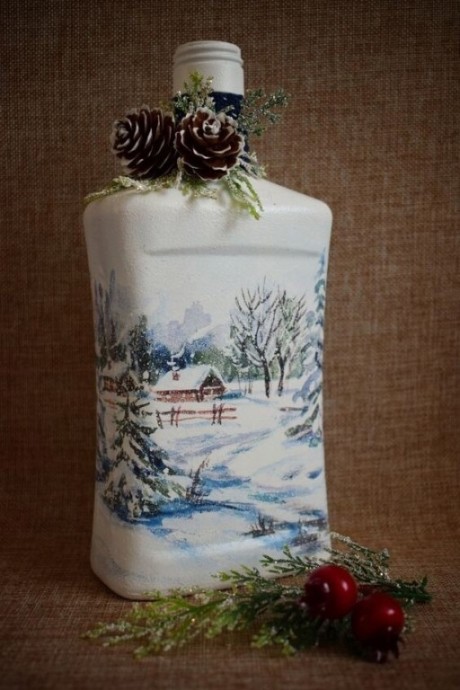 Зимний декупаж бутылочек