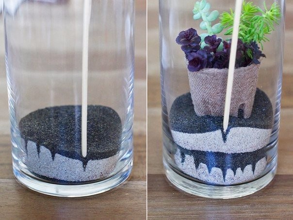 ​Красивый декор с суккулентами и цветным песком