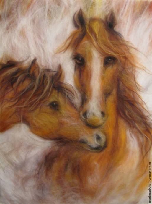 Картина шерстью "Влюбленные лошади" Картина шерстью "Влюбленные лошади"