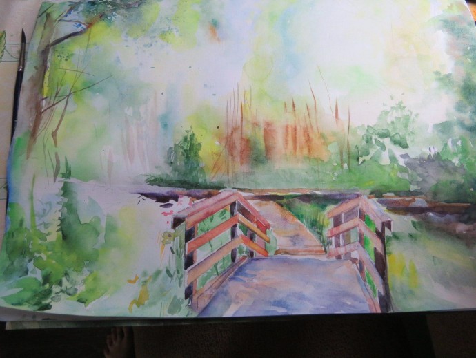 Рисуем пейзаж с деревянным мостиком