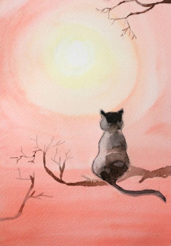 Чёрный кот акварелью