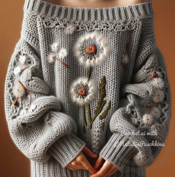 Вязаные цветы на пуловерах