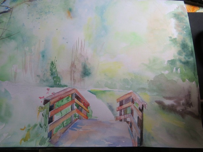 Рисуем пейзаж с деревянным мостиком