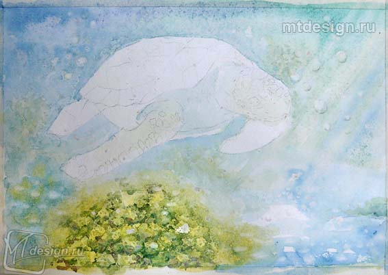Урок рисования акварелью: черепаха под водой