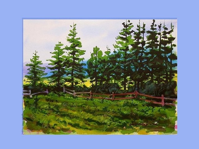 Акварельный пейзаж "Придорожные ели"