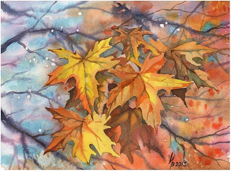 Осенние листья акварелью