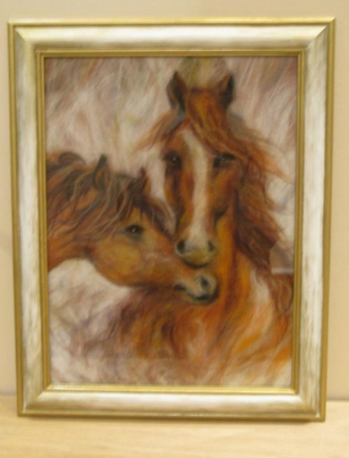Картина шерстью "Влюбленные лошади"