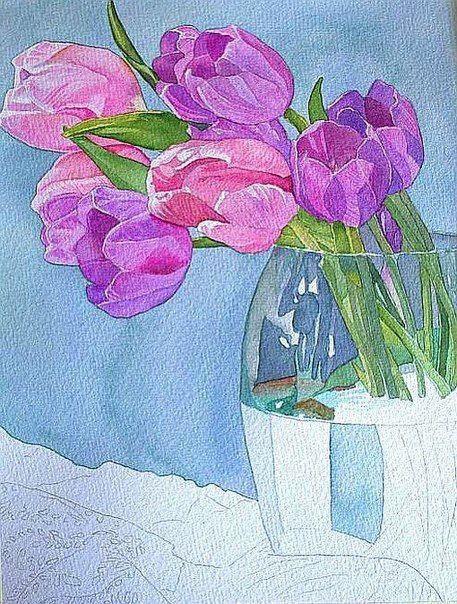 Рисуем тюльпаны акварелью
