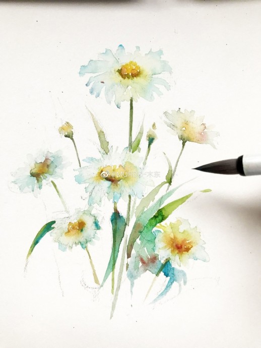 Урок рисования акварелью: ромашки