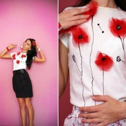 Маки из органзы или сетки на футболке