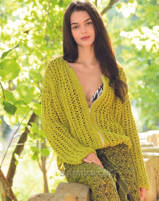 Вязаный жакет на молнии с простым сетчатым узором Вязаный жакет на молнии с простым сетчатым узором