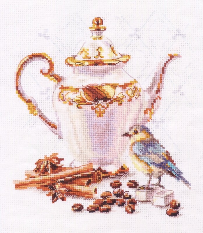 Чайник, специи и птичка: милая вышивка для кухни