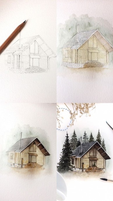 Рисуем домик среди елок