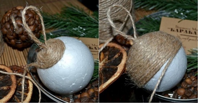 ​Украшение новогодних шаров бечёвкой из джута