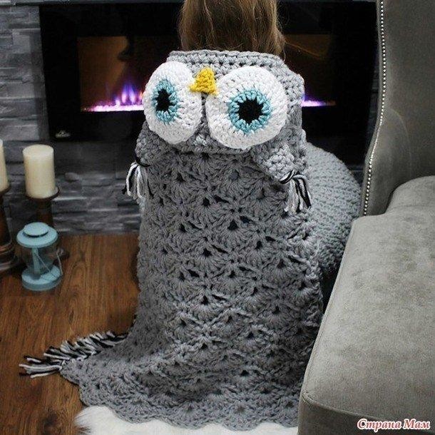 Плед с капюшоном-совушкой крючком из толстой пряжи