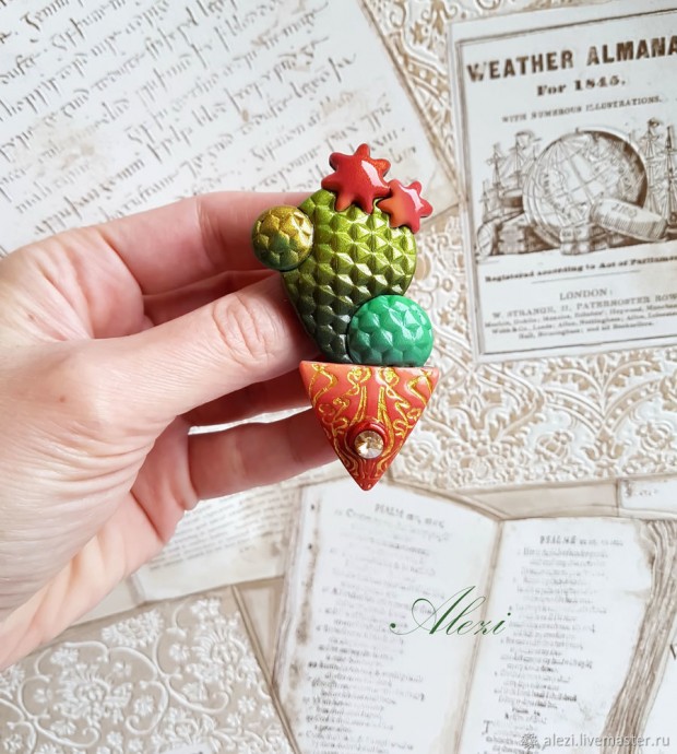 Брошь "Кактус" из полимерной глины