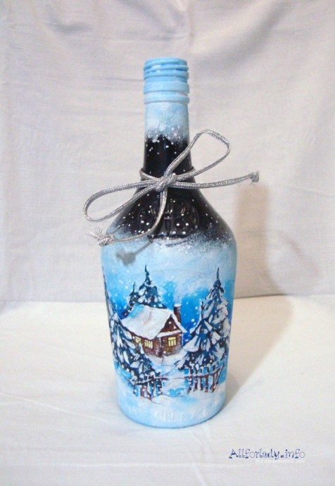 Роспись по стеклу акриловыми красками бутылки "Снежный домик"
